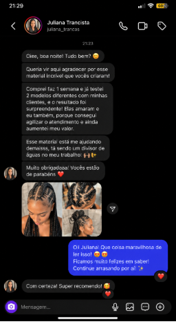 Print de conversa enviado, depoimento 1 de 4 sobre Tranças Nagô