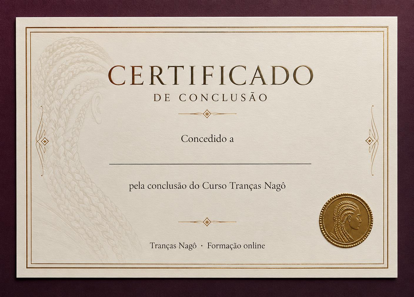Imagem ilustrativa do certificado de conclusão do Curso Tranças Nagô