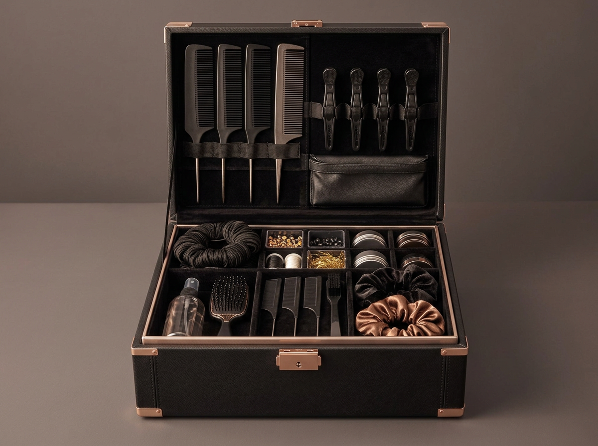 Imagem ilustrativa de um kit profissional para tranças Nagô, com maleta, pentes, presilhas e acessórios
